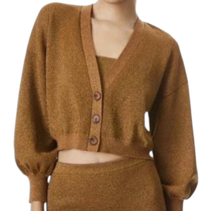 Alice + Olivia Zelina Preppy Metallic Bronze Deep V-Neck Cardigan Sweater Xs